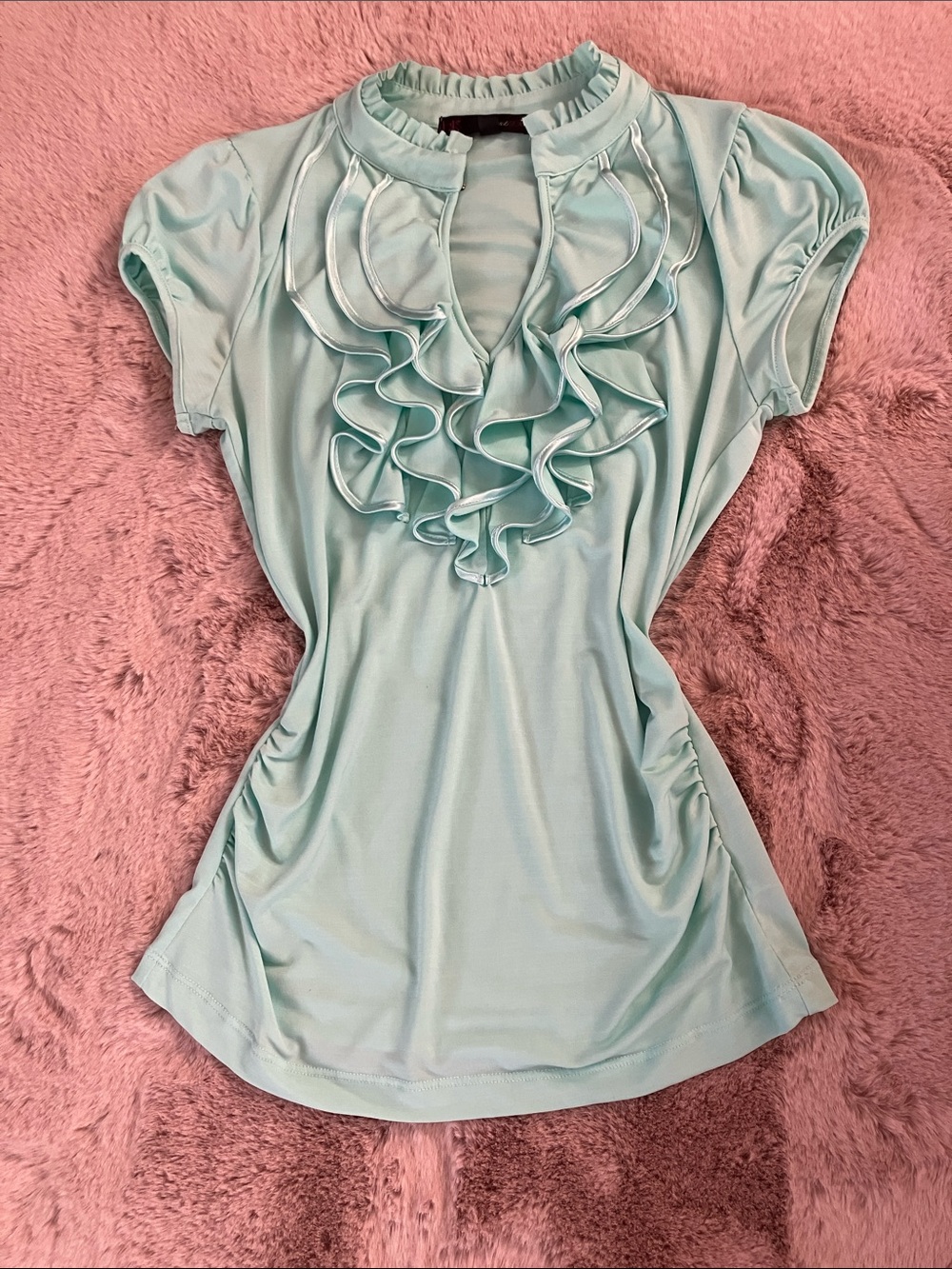 Y2k Heart Soul Ruffled Keyhole Top in Light Aqua